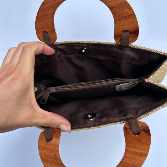 Vintage - Beaded Shell Woven Jute Purse / Handbag Wood Natural Fiber Puka Bamboo - Picture 9 of 13